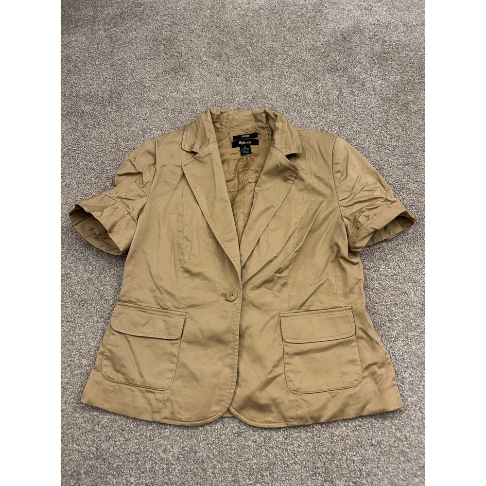 Style & Co Short Sleeve Blazer Womens 10 Tan Khaki Excellent Stretch Cotton